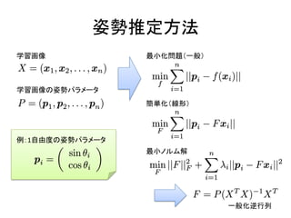 姿勢推定方法
学習画像             最小化問題（一般）



学習画像の姿勢パラメータ
                 簡単化（線形）



例：1自由度の姿勢パラメータ
                 最小ノルム解




                             一般化逆行列
 