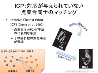 ＩＣＰ：対応が与えられていない
          点集合同士のマッチング
  • Iterative Closest Point
    (ICP) (Cheng et. al, 1992)
     – 点集合マッチング手法
       の代表的な手法
     – その後多数の派生手法
       が登場

対応が与えられていない点集合

            ？




   点集合X         点集合Y             大石岳史,増田智仁,倉爪亮,池内克史,創建期奈良大仏及び大仏殿のデジタル復元,日本バー
                                 チャルリアリティ学会論文誌, Vol. 10, No. 3, pp.429-436, 2005.10.
 
