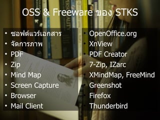 OSS & Freeware ของ STKS

•   ซอฟตแวรเอกสาร    •   OpenOffice.org
•   จ,ดการภาพ        •   XnView
•   PDF              •   PDF Creator
•   Zip              •   7-Zip, IZarc
•   Mind Map         •   XMindMap, FreeMind
•   Screen Capture   •   Greenshot
•   Browser          •   Firefox
•   Mail Client      •   Thunderbird
 
