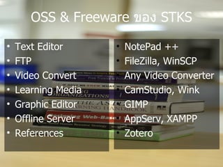 OSS & Freeware ของ STKS

•   Text Editor      •   NotePad ++
•   FTP              •   FileZilla, WinSCP
•   Video Convert    •   Any Video Converter
•   Learning Media   •   CamStudio, Wink
•   Graphic Editor   •   GIMP
•   Offline Server   •   AppServ, XAMPP
•   References       •   Zotero
 