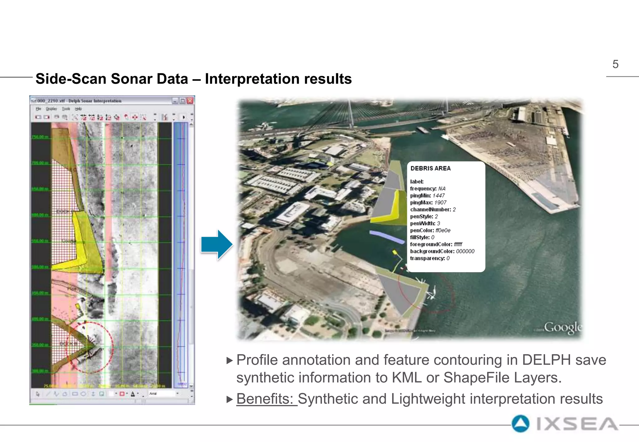 Side-Scan Sonar Data – Interpretation resultsProfile annotation and feature contouring in DELPH save synthetic information to KML or ShapeFile Layers.Benefits: Synthetic and Lightweight interpretation results