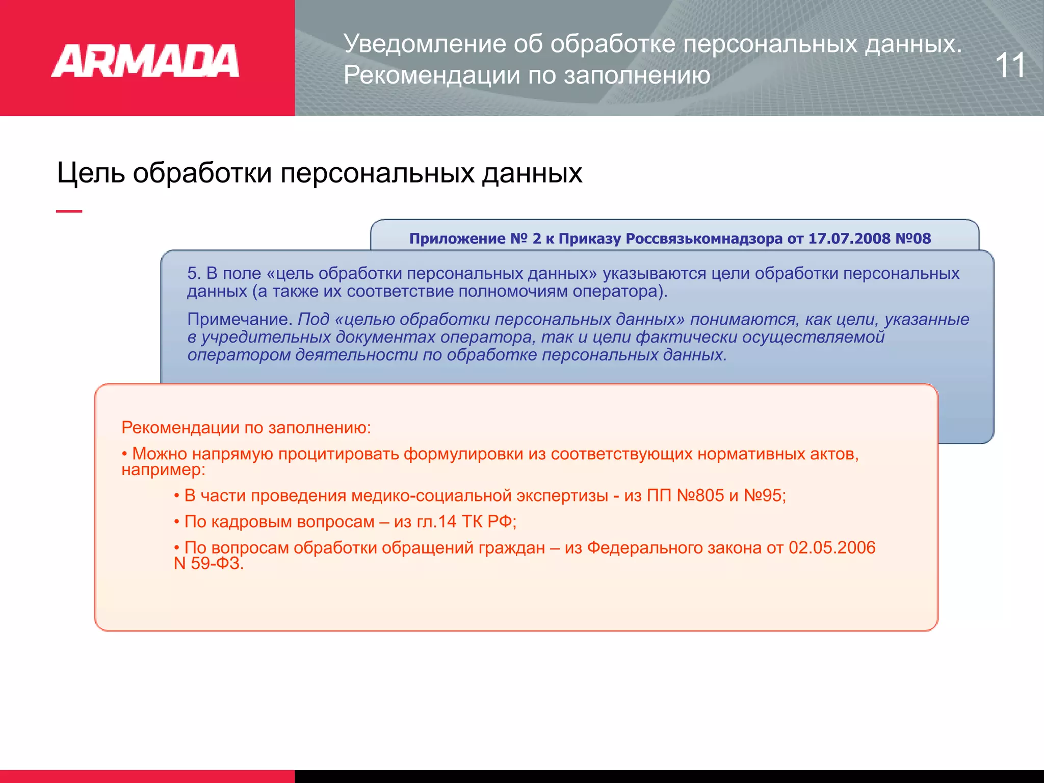 Цель обработки персональных данных
Приложение № 2 к Приказу Россвязькомнадзора от 17.07.2008 №08
5. В поле «цель обработки персональных данных» указываются цели обработки персональных
данных (а также их соответствие полномочиям оператора).
Примечание. Под «целью обработки персональных данных» понимаются, как цели, указанные
в учредительных документах оператора, так и цели фактически осуществляемой
оператором деятельности по обработке персональных данных.
Рекомендации по заполнению:
• Можно напрямую процитировать формулировки из соответствующих нормативных актов,
например:
• В части проведения медико-социальной экспертизы - из ПП №805 и №95;
• По кадровым вопросам – из гл.14 ТК РФ;
• По вопросам обработки обращений граждан – из Федерального закона от 02.05.2006
N 59-ФЗ.
Уведомление об обработке персональных данных.
Рекомендации по заполнению 11
 