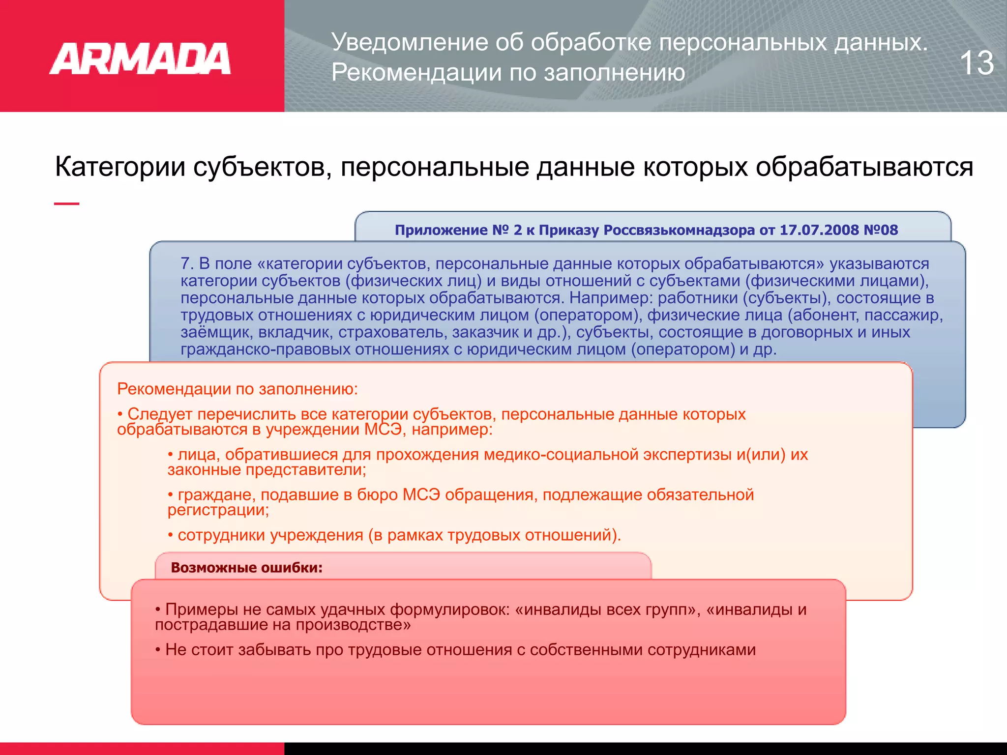 Категории субъектов, персональные данные которых обрабатываются
Приложение № 2 к Приказу Россвязькомнадзора от 17.07.2008 №08
7. В поле «категории субъектов, персональные данные которых обрабатываются» указываются
категории субъектов (физических лиц) и виды отношений с субъектами (физическими лицами),
персональные данные которых обрабатываются. Например: работники (субъекты), состоящие в
трудовых отношениях с юридическим лицом (оператором), физические лица (абонент, пассажир,
заёмщик, вкладчик, страхователь, заказчик и др.), субъекты, состоящие в договорных и иных
гражданско-правовых отношениях с юридическим лицом (оператором) и др.
Рекомендации по заполнению:
• Следует перечислить все категории субъектов, персональные данные которых
обрабатываются в учреждении МСЭ, например:
• лица, обратившиеся для прохождения медико-социальной экспертизы и(или) их
законные представители;
• граждане, подавшие в бюро МСЭ обращения, подлежащие обязательной
регистрации;
• сотрудники учреждения (в рамках трудовых отношений).
Возможные ошибки:
• Примеры не самых удачных формулировок: «инвалиды всех групп», «инвалиды и
пострадавшие на производстве»
• Не стоит забывать про трудовые отношения с собственными сотрудниками
Уведомление об обработке персональных данных.
Рекомендации по заполнению 13
 