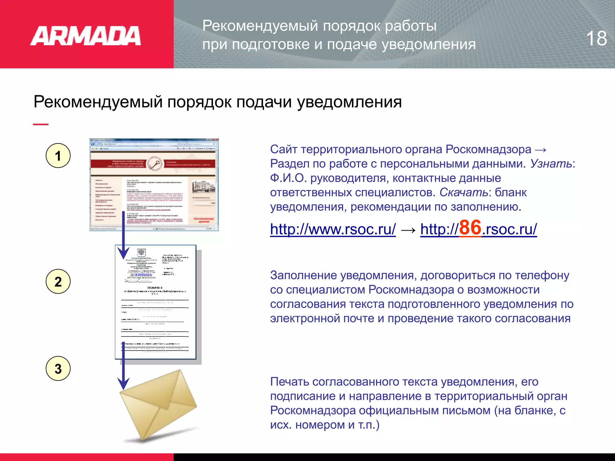Рекомендуемый порядок подачи уведомления
Рекомендуемый порядок работы
при подготовке и подаче уведомления
1
Сайт территориального органа Роскомнадзора →
Раздел по работе с персональными данными. Узнать:
Ф.И.О. руководителя, контактные данные
ответственных специалистов. Скачать: бланк
уведомления, рекомендации по заполнению.
2
Заполнение уведомления, договориться по телефону
со специалистом Роскомнадзора о возможности
согласования текста подготовленного уведомления по
электронной почте и проведение такого согласования
3
Печать согласованного текста уведомления, его
подписание и направление в территориальный орган
Роскомнадзора официальным письмом (на бланке, с
исх. номером и т.п.)
http://www.rsoc.ru/ → http://86.rsoc.ru/
18
 