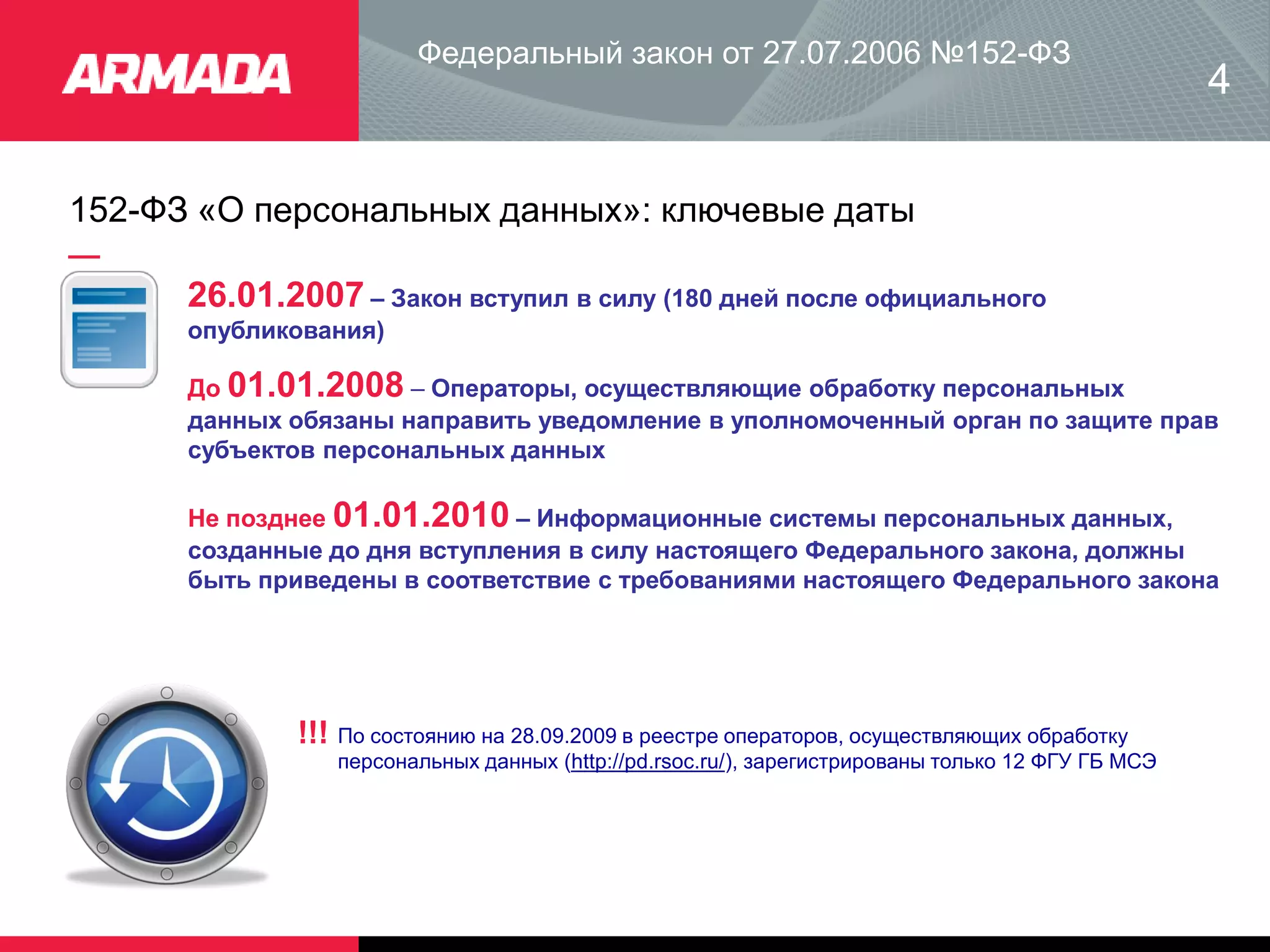 152-ФЗ «О персональных данных»: ключевые даты
Федеральный закон от 27.07.2006 №152-ФЗ
26.01.2007 – Закон вступил в силу (180 дней после официального
опубликования)
4
До 01.01.2008 – Операторы, осуществляющие обработку персональных
данных обязаны направить уведомление в уполномоченный орган по защите прав
субъектов персональных данных
Не позднее 01.01.2010 – Информационные системы персональных данных,
созданные до дня вступления в силу настоящего Федерального закона, должны
быть приведены в соответствие с требованиями настоящего Федерального закона
По состоянию на 28.09.2009 в реестре операторов, осуществляющих обработку
персональных данных (http://pd.rsoc.ru/), зарегистрированы только 12 ФГУ ГБ МСЭ
!!!
 