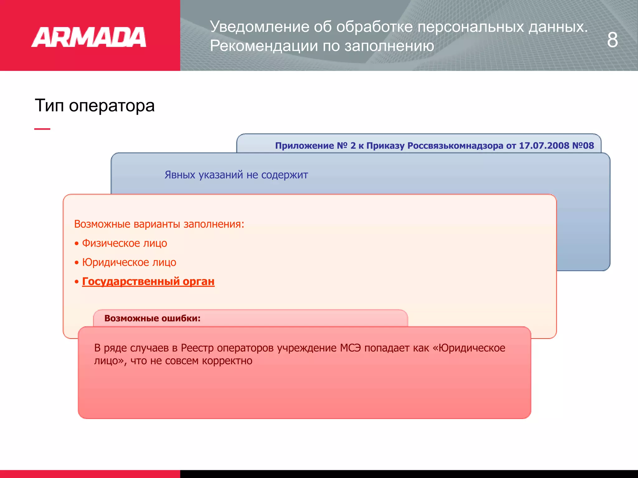Уведомление об обработке персональных данных.
Рекомендации по заполнению
Тип оператора
Приложение № 2 к Приказу Россвязькомнадзора от 17.07.2008 №08
Явных указаний не содержит
Возможные варианты заполнения:
• Физическое лицо
• Юридическое лицо
• Государственный орган
Возможные ошибки:
В ряде случаев в Реестр операторов учреждение МСЭ попадает как «Юридическое
лицо», что не совсем корректно
8
 