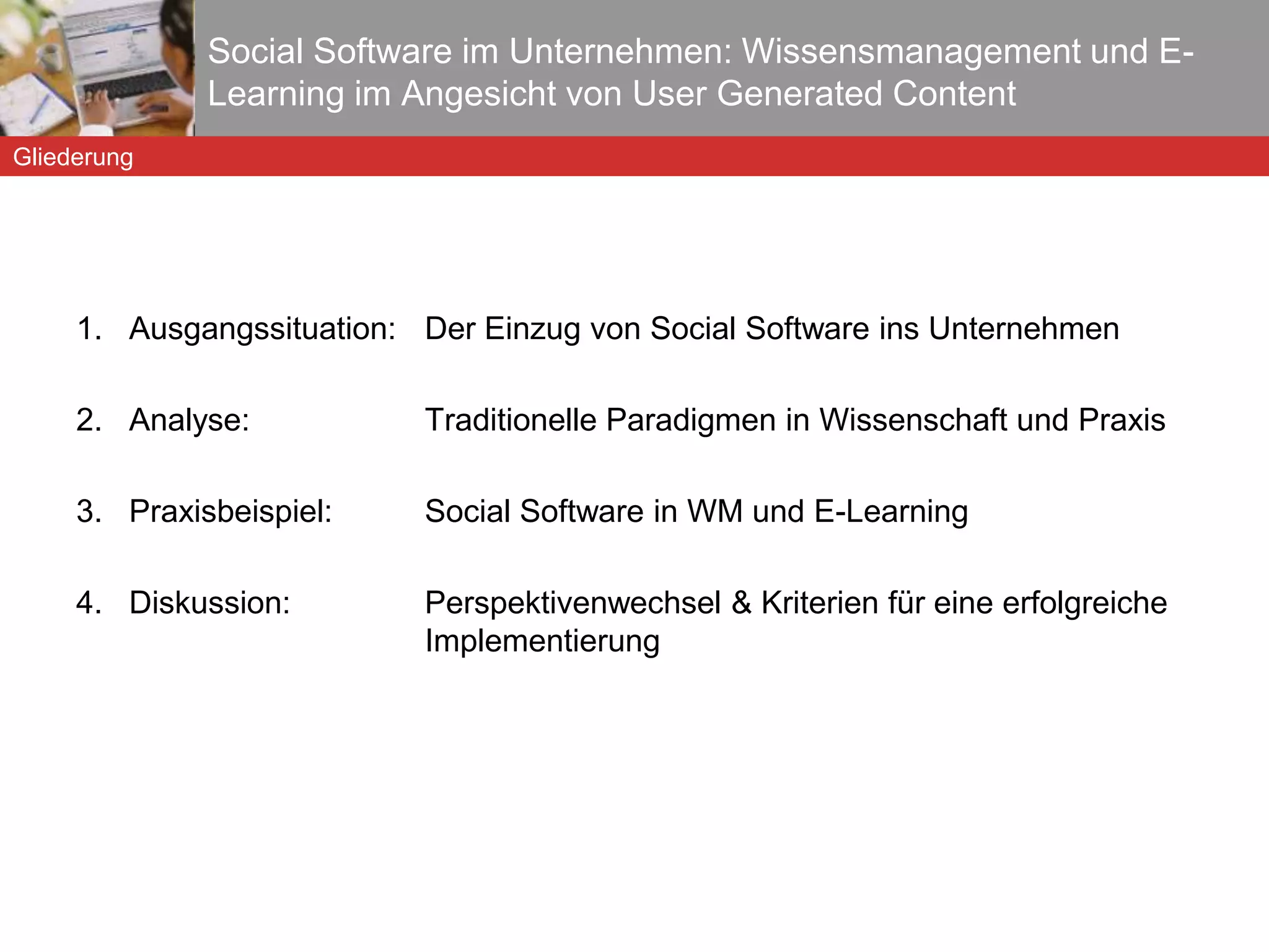Aus Ihrer jeweiligen Perspektive heraus werden derzeit in WM und E-Learning Konzepte zum Einsatz von Social Software entwickelt. Analyse Wissensmanagement 2.0 E-Learning 2.0 E-Learning LMS WBT CBT Virtual  Classroom eBook Wikis Blogs Social Sharing Social Networks Enterprise  Search Communities  of Practice Base Screen  Wissensmanagement Enterprise  Search Communities  of Practice Knowledge  Base Screen  Sharing Wikis Blogs Social Sharing Social Networks 