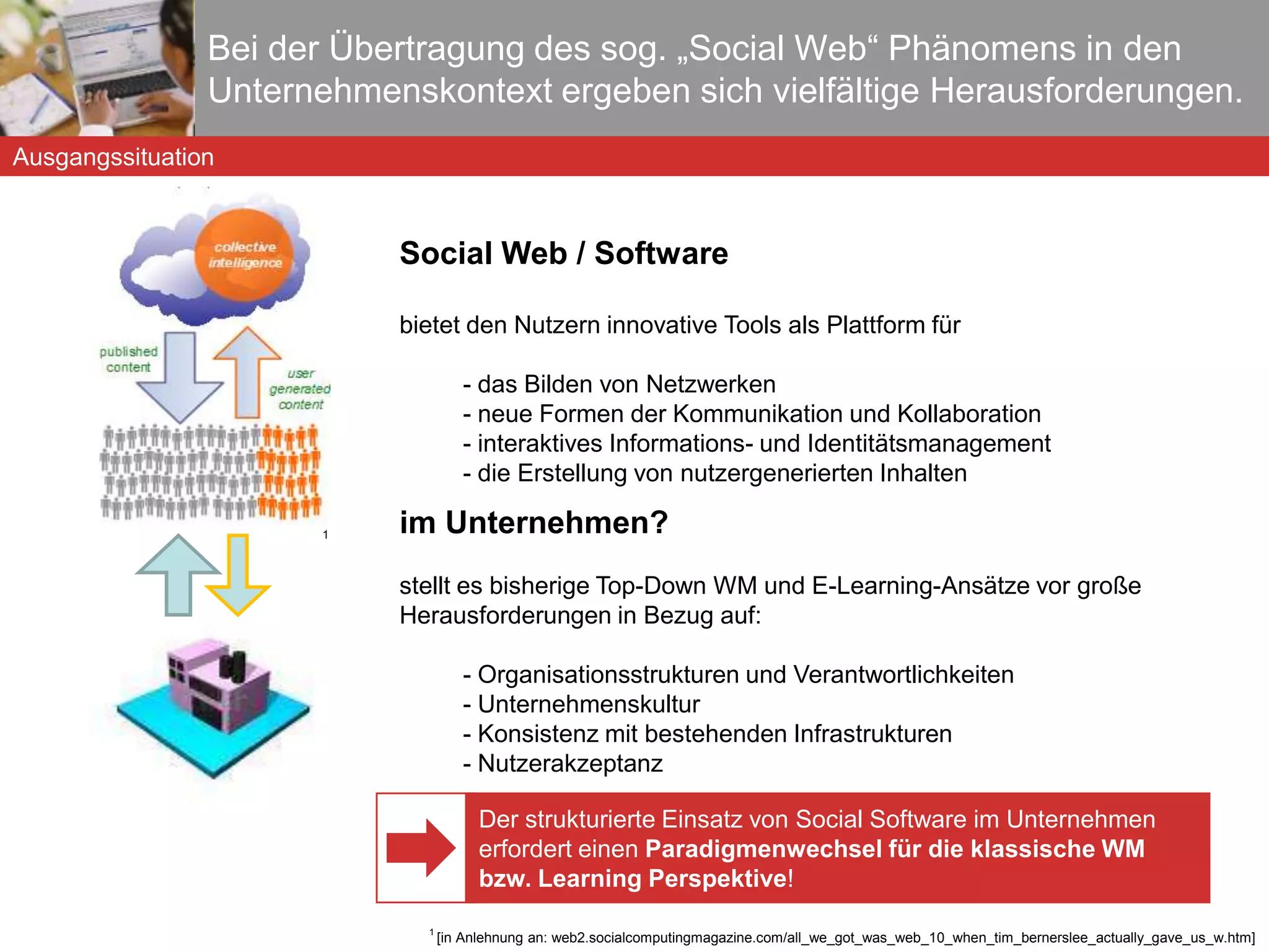 Social Software/Web Applikationen spielen im privaten und auch  im beruflichen Umfeld eine zentrale Rolle. Facetime  (2008):  The Collaborative Internet: Usage Trends, End User Attitudes and IT Impact. Facetime Survey Report, October 2008.  Ausgangssituation Der Nutzer ist nicht nur Autor … 79% aller Nutzer  von Social Web Applikationen wie Facebook, LinkedIn oder YouTube nutzen diese Dienste  während der Arbeit  für berufliche und private Zwecke* Soziale Netzwerke werden von über 50% der Nutzer  (mehrmals) täglich am Arbeitsplatz  aufgerufen. sondern auch Mitarbeiter. Ein genaues Verständnis des Informationsverhaltens von Mitarbeitern in Bezug auf Social Web / Software Applikationen steht zwar noch aus, aber:  viele Mitarbeiter sind bereits mit den Prinzipen von Social Software vertraut! 