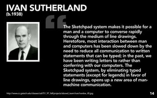 IVAN SUTHERLAND


                                    “
(b.1938)

                                                        The Sketchpad system makes it possible for a
                                                        man and a computer to converse rapidly
                                                        through the medium of line drawings.
                                                        Heretofore, most interaction between man
                                                        and computers has been slowed down by the
                                                        need to reduce all communication to written
                                                        statements that can be typed; in the past, we
                                                        have been writing letters to rather than
                                                        conferring with our computers. The
                                                        Sketchpad system, by eliminating typed
                                                        statements (except for legends) in favor of
                                                        line drawings, opens up a new area of man-
                                                        machine communication.
http://www.cc.gatech.edu/classes/cs6751_97_fall/projects/abowd_team/ivan/ivanbw_45.jpg             14
 