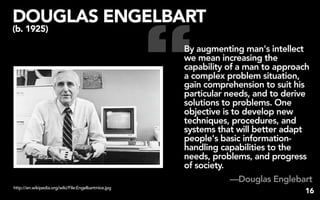 “
DOUGLAS ENGELBART
(b. 1925)

                                                      By augmenting man's intellect
                                                      we mean increasing the
                                                      capability of a man to approach
                                                      a complex problem situation,
                                                      gain comprehension to suit his
                                                      particular needs, and to derive
                                                      solutions to problems. One
                                                      objective is to develop new
                                                      techniques, procedures, and
                                                      systems that will better adapt
                                                      people's basic information-
                                                      handling capabilities to the
                                                      needs, problems, and progress
                                                      of society.
                                                                 —Douglas Englebart
http://en.wikipedia.org/wiki/File:Engelbartmice.jpg
                                                                                   16
 