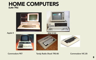 HOME COMPUTERS
 (Late 70s)




Apple II                     IBM 5150




 Commodore PET   Tandy Radio Shack TRS-80   Commodore VIC-20
                                                               8
 
