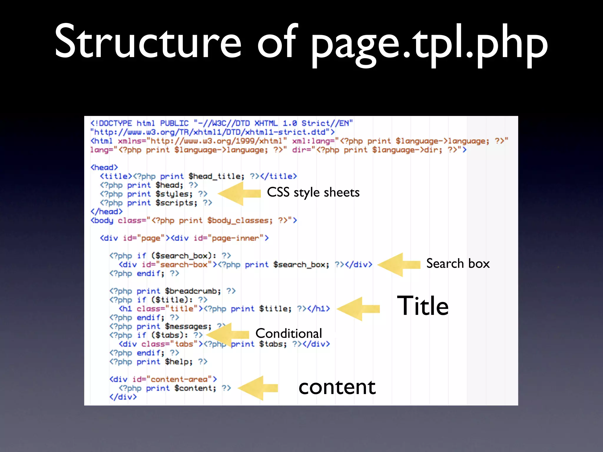 Structure of page.tpl.php

           CSS style sheets




                                Search box   .


                              Title
          Conditional Info


                 content
 