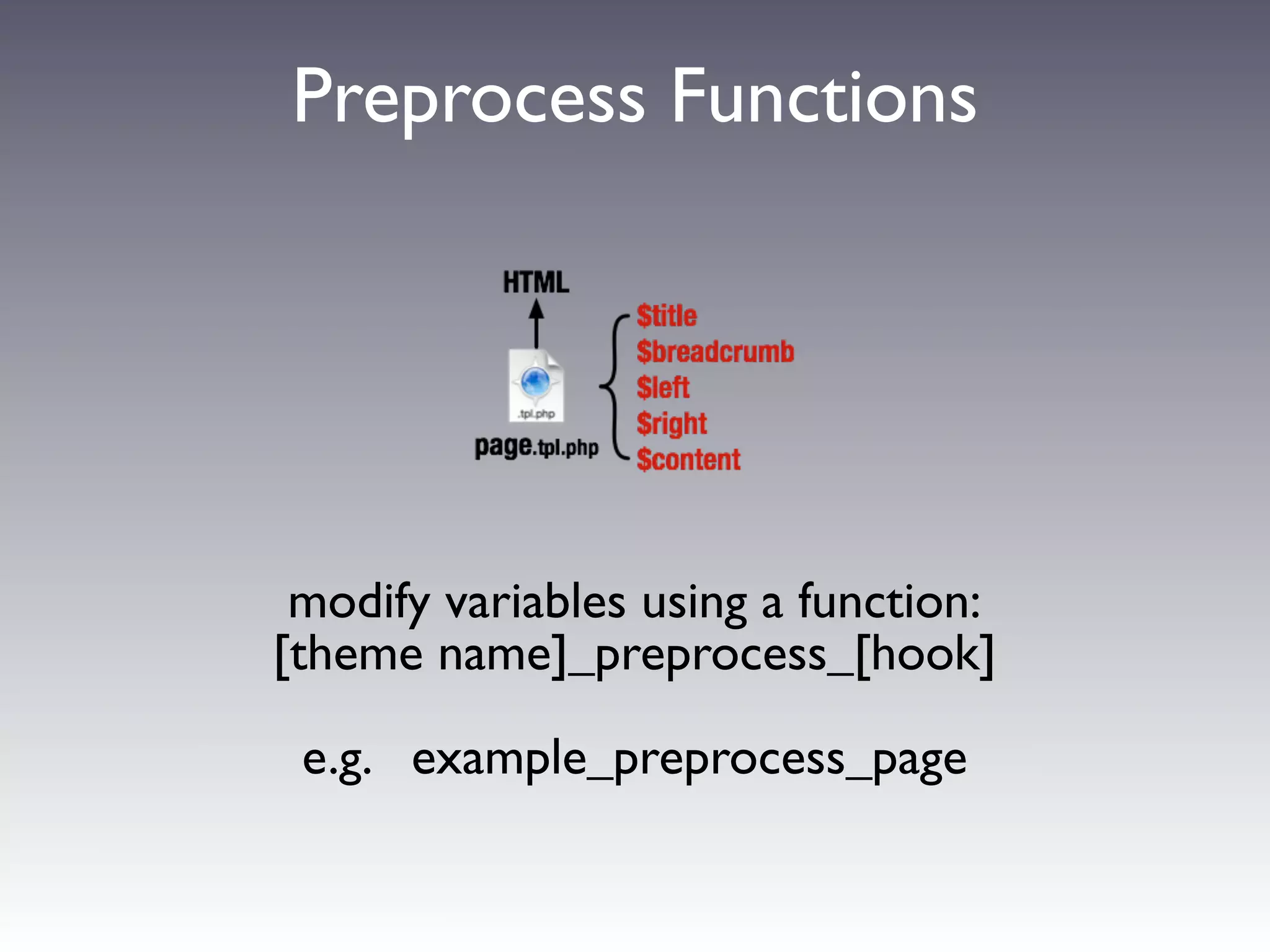 Preprocess Functions




 modify variables using a function:
[theme name]_preprocess_[hook]

 e.g. example_preprocess_page
 