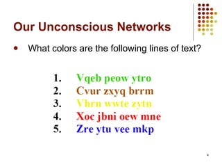 Our Unconscious Networks What colors are the following lines of text? 