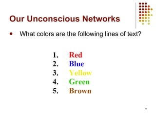 Our Unconscious Networks What colors are the following lines of text? 