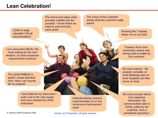 Lean Celebration! The Voice of the Customer shows what the customer really wants! LEAN is really valuable! I 5S all documentation!  The LEAN PMBOK is great! I create standard work. Now I can recycle all my projects! I run concurrent efforts ! No more waiting for the next iteration, no more excessive requirements inventory! Knowing the 7 wastes keeps me on my toes! The end-to end value chain provides visibility into the process!  I know where we need to work and who owns what! I load balance my resources! I push cost to the cost causer and have created the LEAN enterprise! No more waiting !  My projects complete on time! Meetings start on time! Supplies and files arrive on time! Freedom from over-production means only having what is pulled by the customer! No more process failure from defective information. My communication plan is LEAN, pulled by the customer, from a centralized repository ! Institutionalizing Lessons Learned keeps us on the continuous improvement track! 