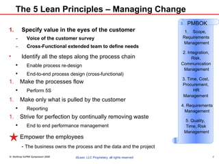 The 5 Lean Principles – Managing Change Specify value in the eyes of the customer Voice of the customer survey Cross-Functional extended team to define needs Make the processes flow  Perform 5S Identify all the steps along the process chain Enable process re-design End-to-end process design (cross-functional) Make only what is pulled by the customer Reporting Strive for perfection by continually removing waste End to end performance management Empower the employees -  The business owns the process and the data and the project PMBOK Scope,  Requirements Management 2. Integration, Risk, Communication Management 3. Time, Cost,  Procurement,  HR Management  4. Requirements Management 5. Quality,  Time, Risk Management 
