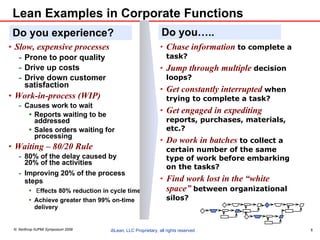 Lean Examples in Corporate Functions Slow, expensive processes Prone to poor quality Drive up costs Drive down customer satisfaction  Work-in-process (WIP)  Causes work to wait Reports waiting to be addressed Sales orders waiting for processing  Waiting – 80/20 Rule 80% of the delay caused by  20% of the activities Improving 20% of the process steps E ffects 80% reduction in cycle time Achieve greater than 99% on-time delivery Do you….. Chase information  to complete a task?  Jump through multiple  decision loops? Get constantly interrupted  when trying to complete a task? Get engaged in expediting  reports, purchases, materials, etc.? Do work in batches  to collect a certain number of the same type of work before embarking on the tasks? Find work lost in the “white space”  between organizational silos? Do you experience? 
