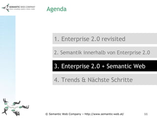 Agenda 1. Enterprise 2.0 revisited 2. Semantik innerhalb von Enterprise 2.0 3. Enterprise 2.0 + Semantic Web 4. Trends & Nächste Schritte 