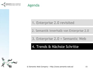 Agenda 1. Enterprise 2.0 revisited 2. Semantik innerhalb von Enterprise 2.0 3. Enterprise 2.0 + Semantic Web 4. Trends & Nächste Schritte 