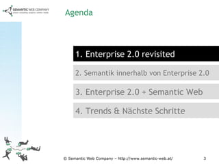 Agenda 1. Enterprise 2.0 revisited 2. Semantik innerhalb von Enterprise 2.0 3. Enterprise 2.0 + Semantic Web 4. Trends & Nächste Schritte 
