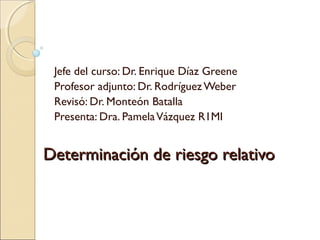 Determinación de riesgo relativoDeterminación de riesgo relativo
Jefe del curso: Dr. Enrique Díaz Greene
Profesor adjunto: Dr. RodríguezWeber
Revisó: Dr. Monteón Batalla
Presenta: Dra. PamelaVázquez R1MI
 