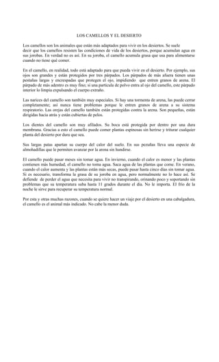 LOS CAMELLOS Y EL DESIERTO
Los camellos son los animales que están más adaptados para vivir en los desiertos. Se suele
decir que los camellos resisten las condiciones de vida de los desiertos, porque acumulan agua en
sus jorobas. En verdad no es así. En su joroba, el camello acumula grasa que usa para alimentarse
cuando no tiene qué comer.
En el camello, en realidad, todo está adaptado para que pueda vivir en el desierto. Por ejemplo, sus
ojos son grandes y están protegidos por tres párpados. Los párpados de más afuera tienen unas
pestañas largas y encrespadas que protegen el ojo, impidiendo que entren granos de arena. El
párpado de más adentro es muy fino; si una partícula de polvo entra al ojo del camello, este párpado
interior lo limpia expulsando el cuerpo extraño.
Las narices del camello son también muy especiales. Si hay una tormenta de arena, las puede cerrar
completamente; así nunca tiene problemas porque le entren granos de arena a su sistema
respiratorio. Las orejas del camello también están protegidas contra la arena. Son pequeñas, están
dirigidas hacia atrás y están cubiertas de pelos.
Los dientes del camello son muy afilados. Su boca está protegida por dentro por una dura
membrana. Gracias a esto el camello puede comer plantas espinosas sin herirse y triturar cualquier
planta del desierto por dura que sea.
Sus largas patas apartan su cuerpo del calor del suelo. En sus pezuñas lleva una especie de
almohadillas que le permiten avanzar por la arena sin hundirse.
El camello puede pasar meses sin tomar agua. En invierno, cuando el calor es menor y las plantas
contienen más humedad, el camello no toma agua. Saca agua de las plantas que come. En verano,
cuando el calor aumenta y las plantas están más secas, puede pasar hasta cinco días sin tomar agua.
Si es necesario, transforma la grasa de su joroba en agua, pero normalmente no lo hace así. Se
defiende de perder el agua que necesita para vivir no transpirando, orinando poco y soportando sin
problemas que su temperatura suba hasta 11 grados durante el día. No le importa. El frío de la
noche le sirve para recuperar su temperatura normal.
Por esta y otras muchas razones, cuando se quiere hacer un viaje por el desierto en una cabalgadura,
el camello es el animal más indicado. No cabe la menor duda.
 