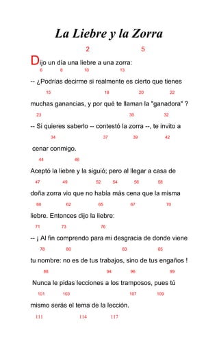 La Liebre y la Zorra
2 5
Dijo un día una liebre a una zorra:
6 8 10 13
-- ¿Podrías decirme si realmente es cierto que tienes
15 18 20 22
muchas ganancias, y por qué te llaman la "ganadora" ?
23 30 32
-- Si quieres saberlo -- contestó la zorra --, te invito a
34 37 39 42
cenar conmigo.
44 46
Aceptó la liebre y la siguió; pero al llegar a casa de
47 49 52 54 56 58
doña zorra vio que no había más cena que la misma
60 62 65 67 70
liebre. Entonces dijo la liebre:
71 73 76
-- ¡ Al fin comprendo para mi desgracia de donde viene
78 80 83 85
tu nombre: no es de tus trabajos, sino de tus engaños !
88 94 96 99
Nunca le pidas lecciones a los tramposos, pues tú
101 103 107 109
mismo serás el tema de la lección.
111 114 117
 