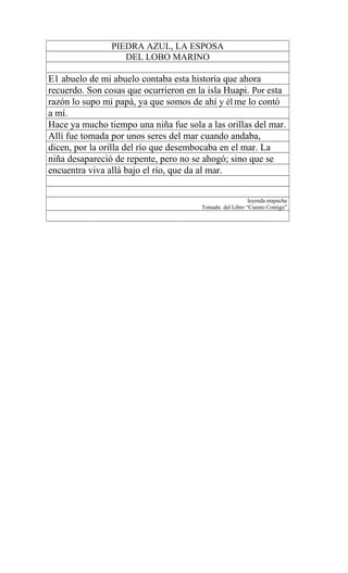 PIEDRA AZUL, LA ESPOSA
DEL LOBO MARINO
E1 abuelo de mi abuelo contaba esta historia que ahora
recuerdo. Son cosas que ocurrieron en la isla Huapi. Por esta
razón lo supo mi papá, ya que somos de ahí y él me lo contó
a mí.
Hace ya mucho tiempo una niña fue sola a las orillas del mar.
Allí fue tomada por unos seres del mar cuando andaba,
dicen, por la orilla del río que desembocaba en el mar. La
niña desapareció de repente, pero no se ahogó; sino que se
encuentra viva allá bajo el río, que da al mar.
leyenda mapuche
Tomado del Libro “Cuento Contigo”
 