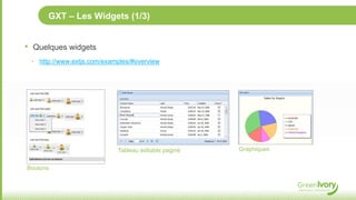 GXT – Les Widgets (1/3)


•   Quelques widgets
    ‣ http://www.extjs.com/examples/#overview




                               Tableau éditable paginé   Graphiques


Boutons
 