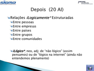 Depois (20 AI)
Relações iLogicamente* Estruturadas
 Entre   pessoas
 Entre   empresas
 Entre   países
 Entre   grupos
 Entre   comunidades


 iLógico*; neo, adj; de “não lógico” (assim
pensamos) ou de “lógico na internet” (ainda não
entendemos plenamente)
 