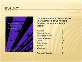 National Council on Public Works Improvement’s 1988 “Report Card on the Nation’s Public Works” Aviation B- Drinking Water B- Hazardous Waste D Inland Waterways B Roads C+ Solid Waste C- Transit C- Wastewater C Average Grade C 