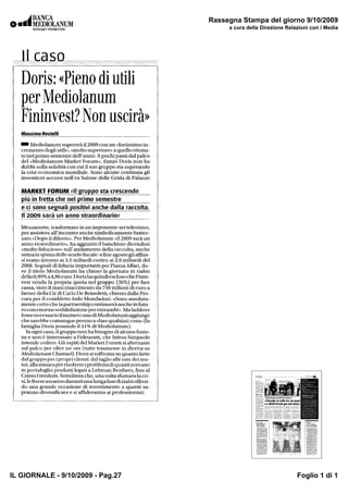 Rassegna Stampa del giorno 9/10/2009
                                        a cura della Direzione Relazioni con i Media




IL GIORNALE - 9/10/2009 - Pag.27                                   Foglio 1 di 1
 