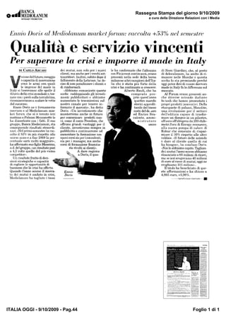 Rassegna Stampa del giorno 9/10/2009
                                        a cura della Direzione Relazioni con i Media




ITALIA OGGI - 9/10/2009 - Pag.44                                   Foglio 1 di 1
 