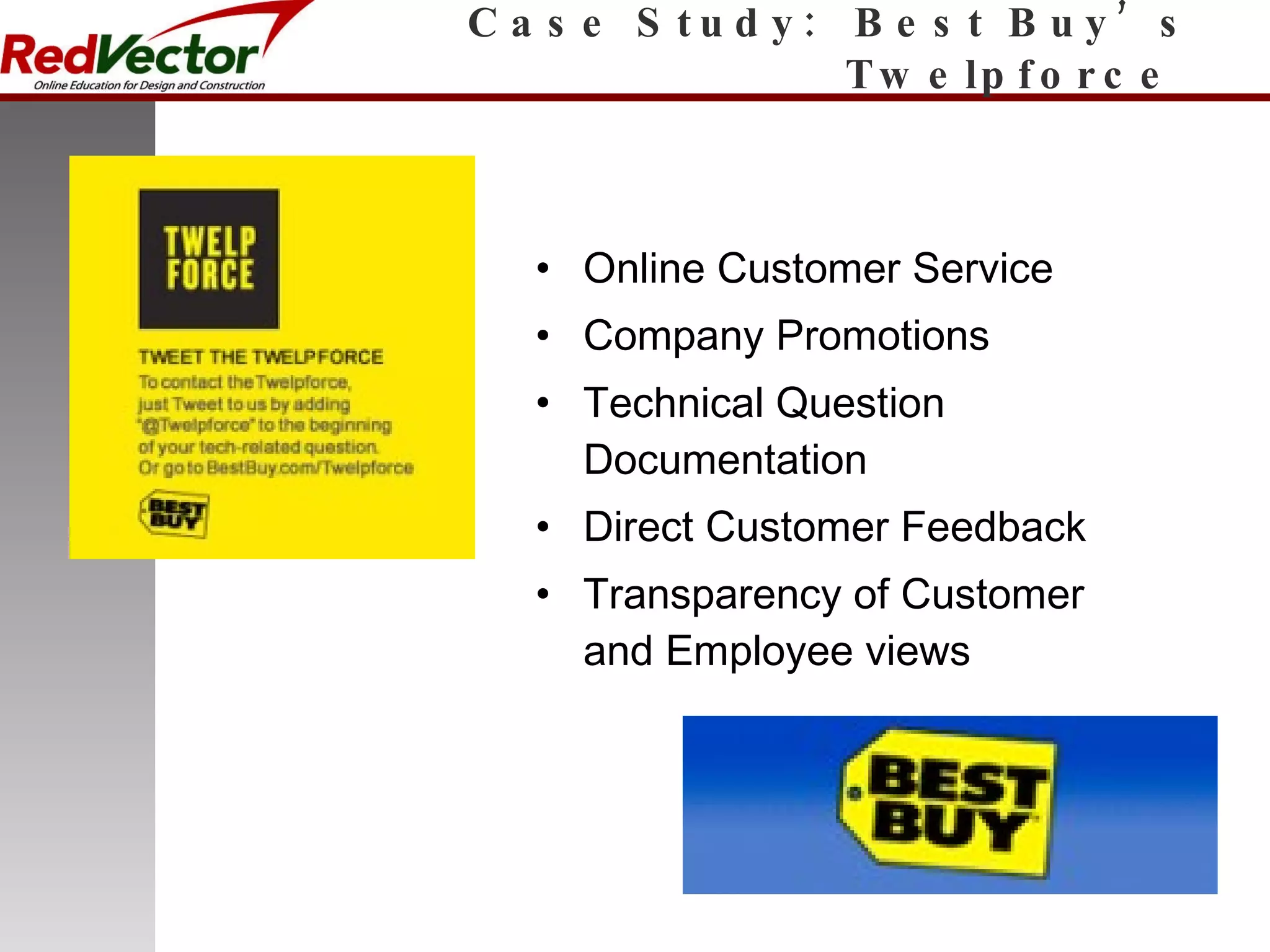 Case Study:  Best Buy’s Twelpforce  Online Customer Service Company Promotions Technical Question Documentation Direct Customer Feedback Transparency of Customer and Employee views 