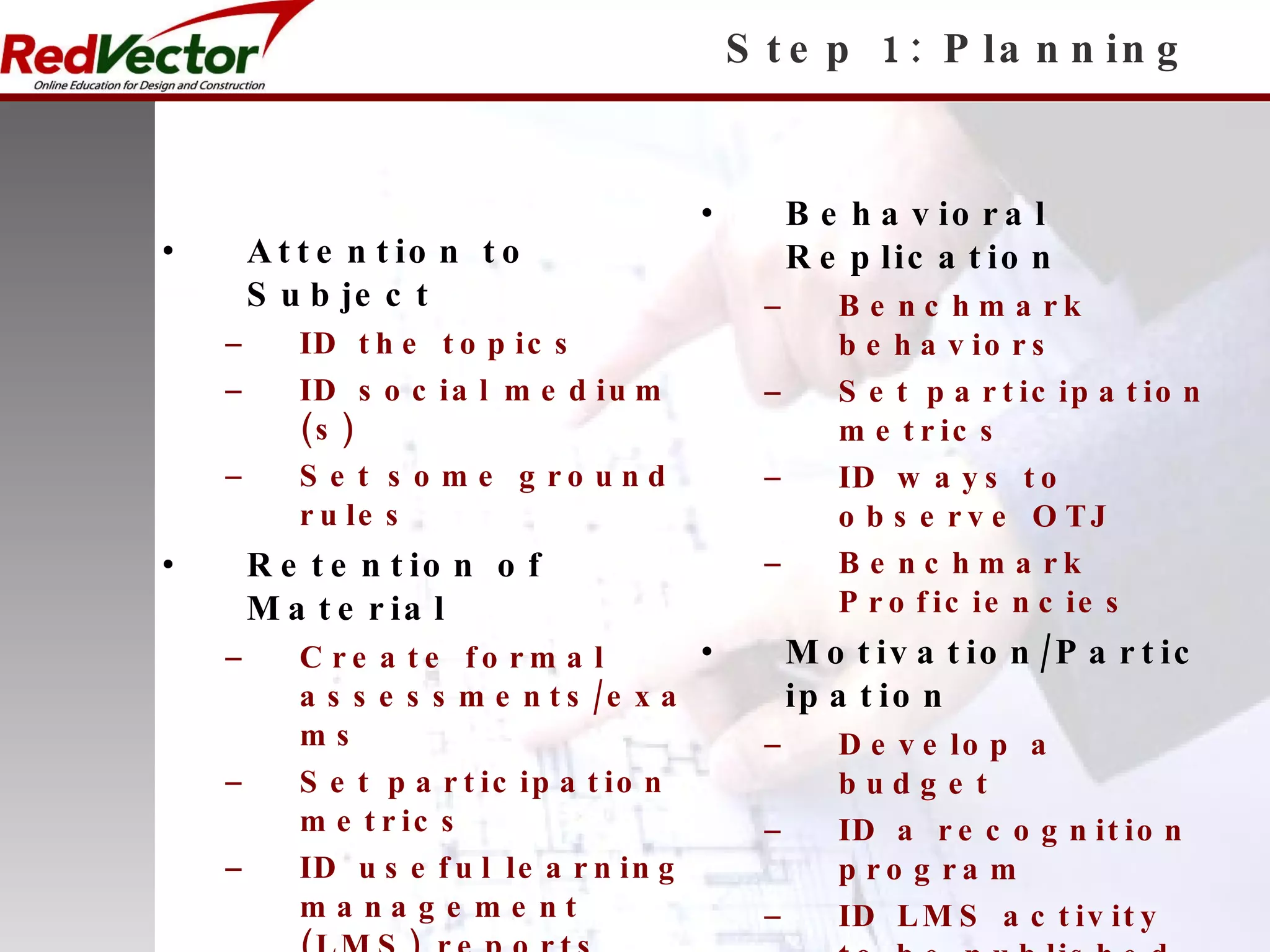 Step 1: Planning Attention to Subject ID the topics ID social medium (s) Set some ground rules Retention of Material Create formal assessments/exams Set participation metrics ID useful learning management (LMS) reports Incorporate into performance reviews Behavioral Replication Benchmark behaviors Set participation metrics ID ways to observe OTJ Benchmark Proficiencies Motivation/Participation Develop a budget ID a recognition program ID LMS activity to be published Get feedback from key team members 