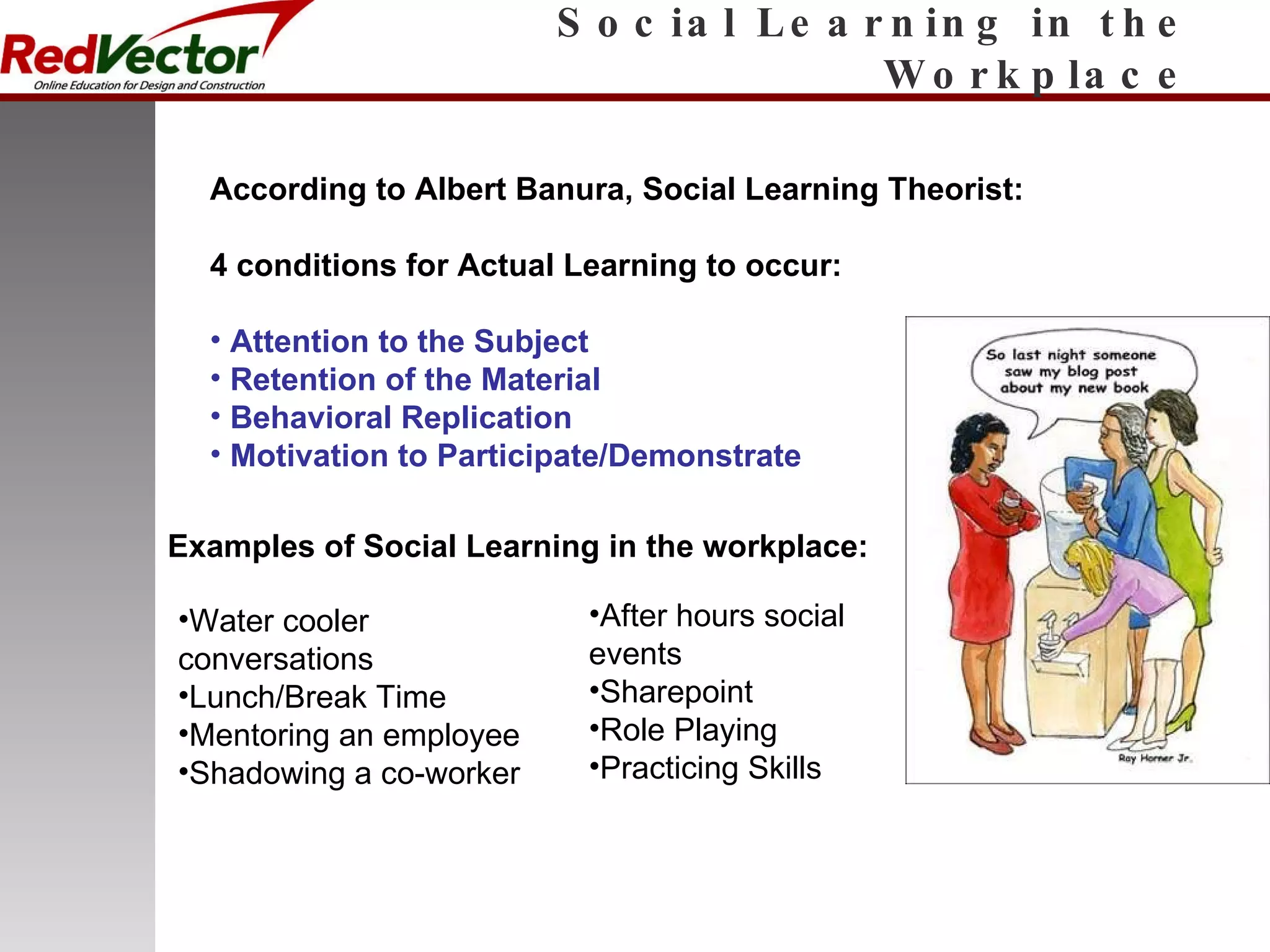 Social Learning in the Workplace According to Albert Banura, Social Learning Theorist: 4 conditions for Actual Learning to occur: Attention to the Subject Retention of the Material Behavioral Replication Motivation to Participate/Demonstrate Examples of Social Learning in the workplace: Water cooler conversations Lunch/Break Time Mentoring an employee Shadowing a co-worker After hours social events Sharepoint Role Playing Practicing Skills 