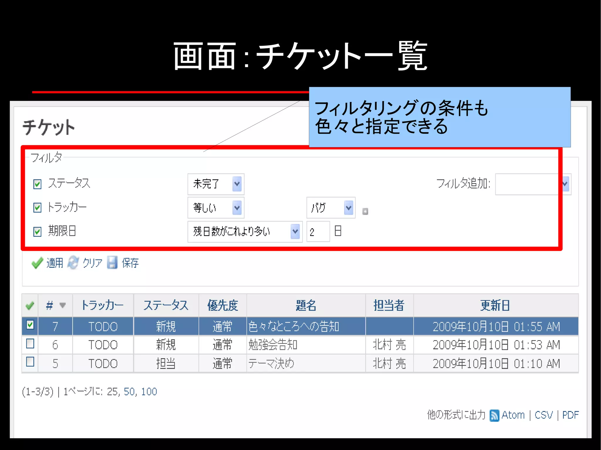 画面：チケット一覧 フィルタリングの条件も 色々と指定できる 