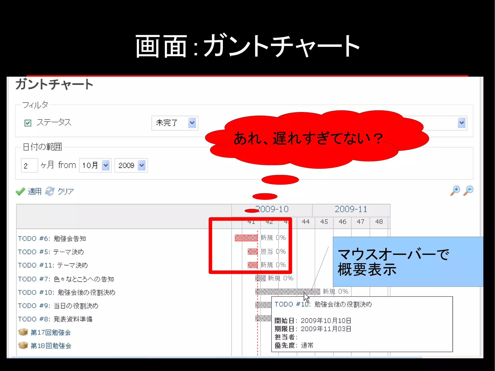 画面：ガントチャート あれ、遅れすぎてない？ マウスオーバーで 概要表示 