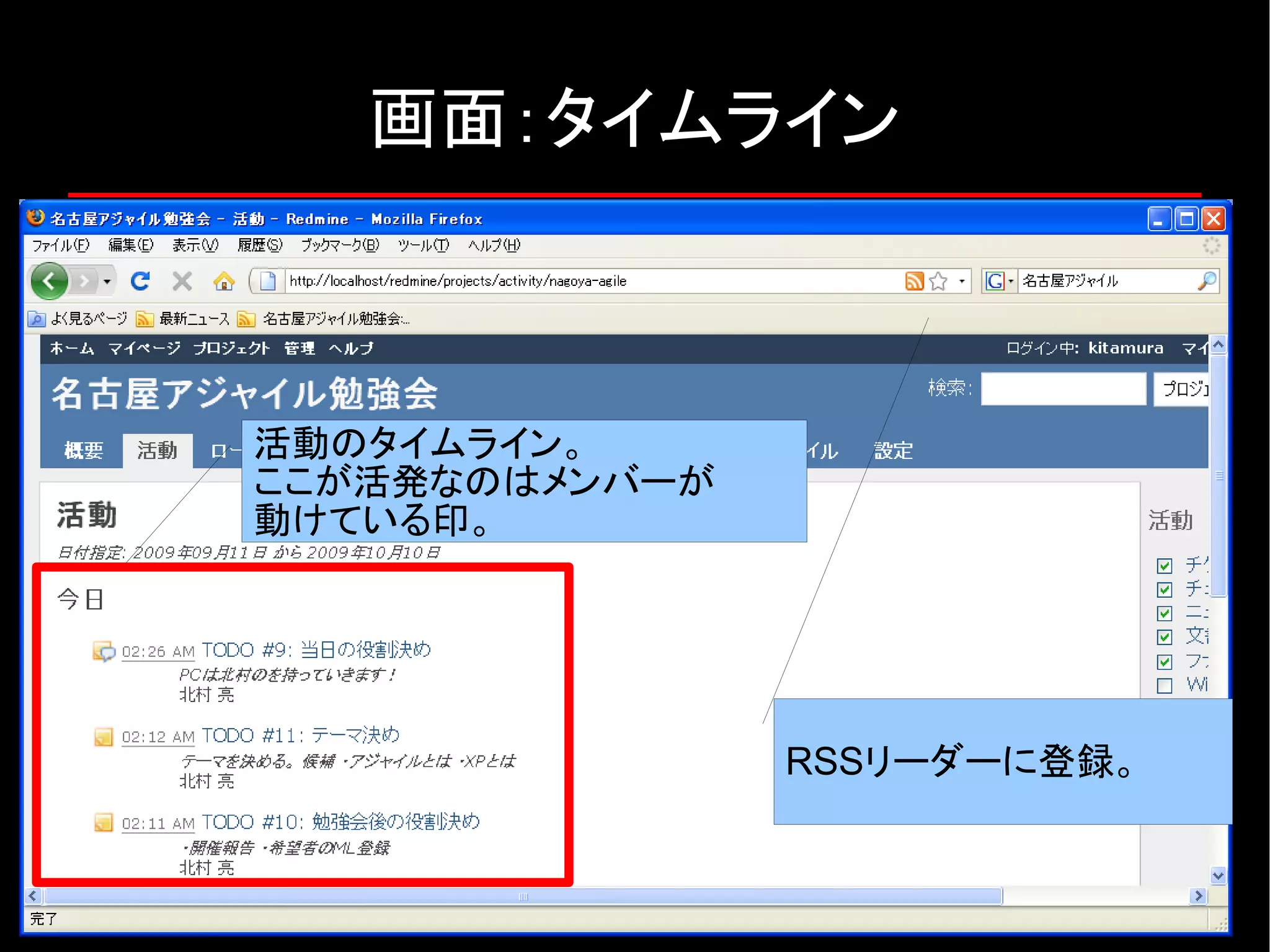 画面：タイムライン 活動のタイムライン。 ここが活発なのはメンバーが 動けている印。 RSSリーダーに登録。 