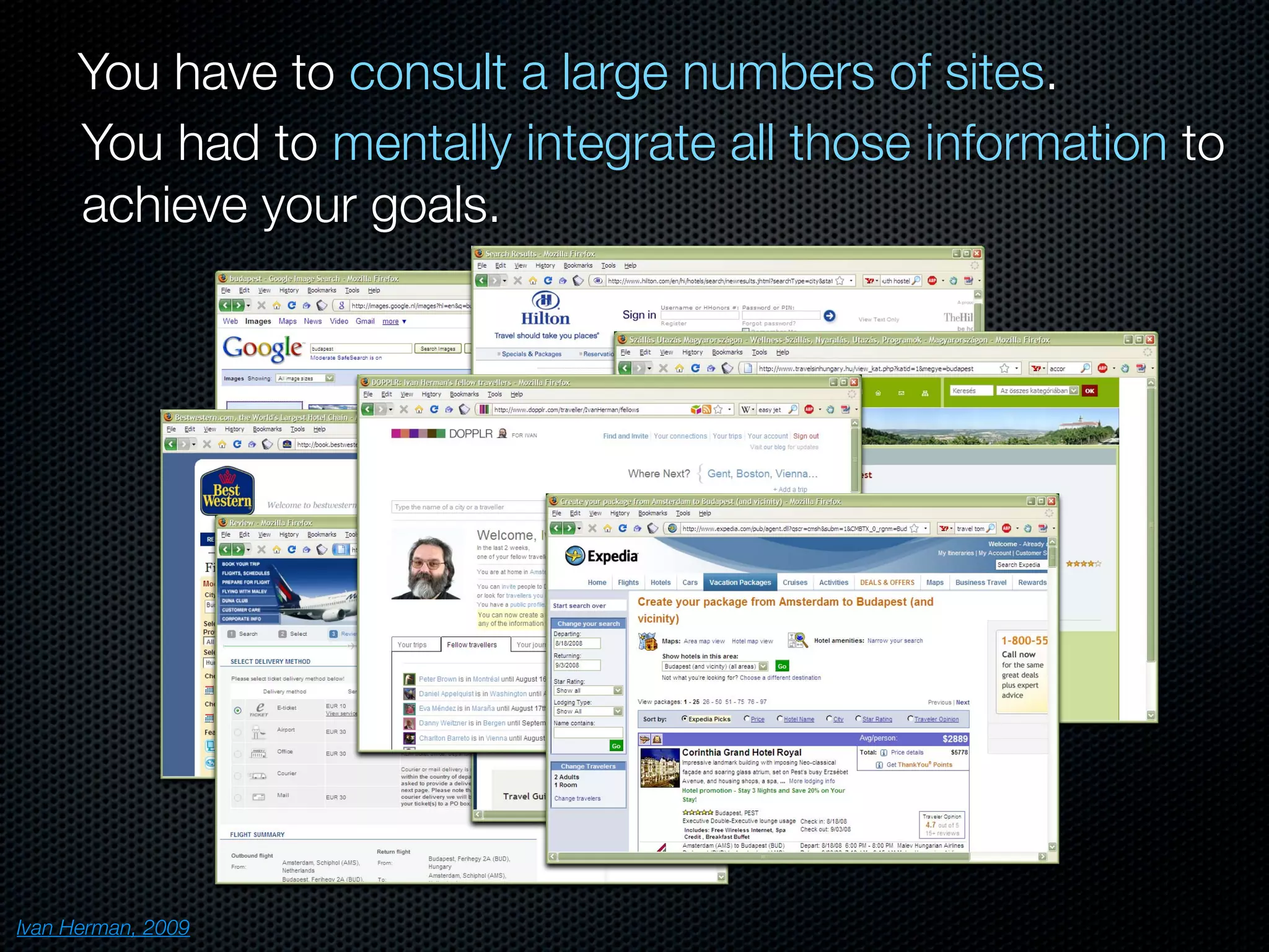 You have to consult a large numbers of sites.
You had to mentally integrate all those information to
achieve your goals.
Ivan Herman, 2009
 