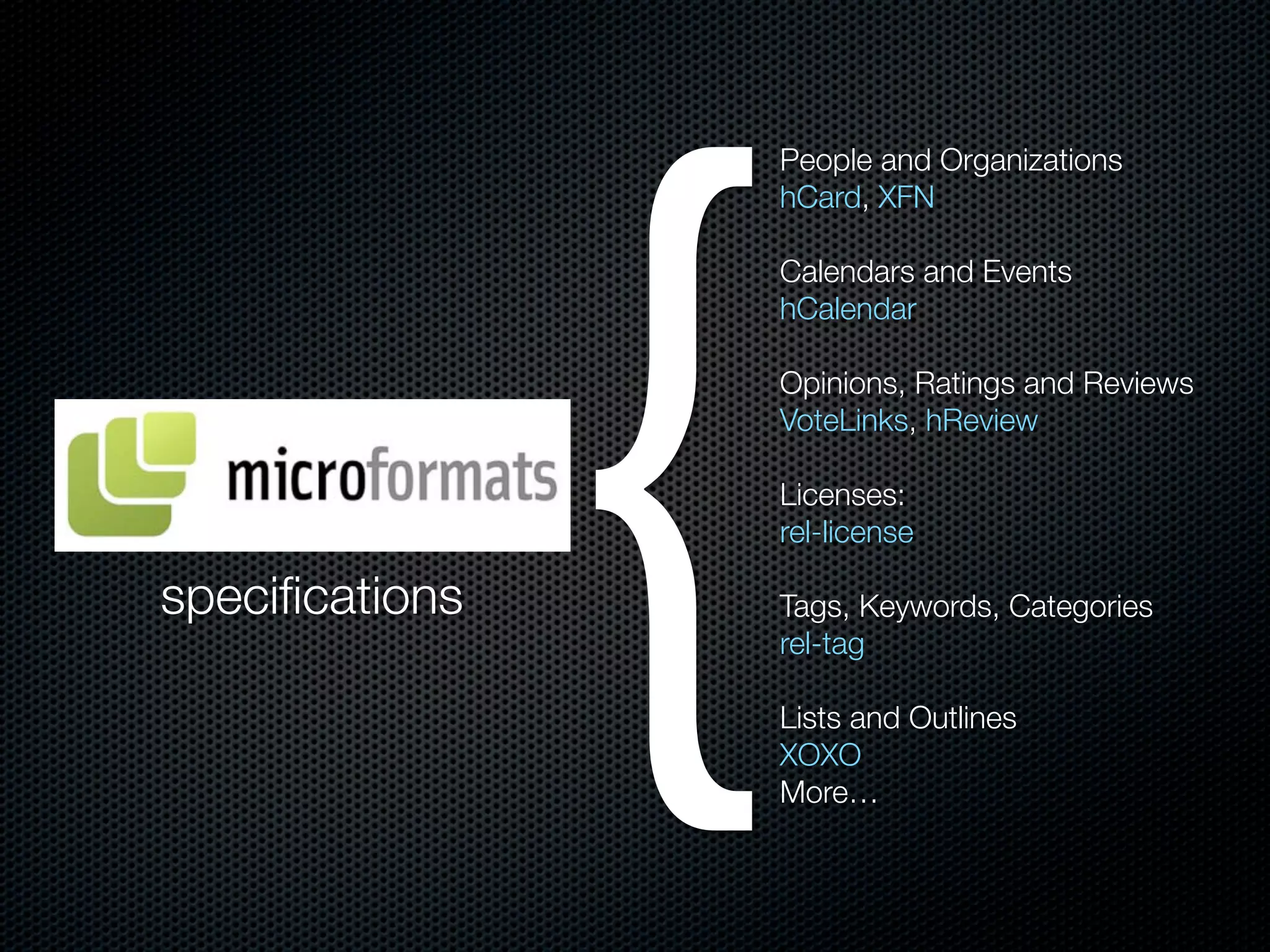 People and Organizations
hCard, XFN
Calendars and Events
hCalendar
Opinions, Ratings and Reviews
VoteLinks, hReview
Licenses:
rel-license
Tags, Keywords, Categories
rel-tag
Lists and Outlines
XOXO
More…
specifications
{
 