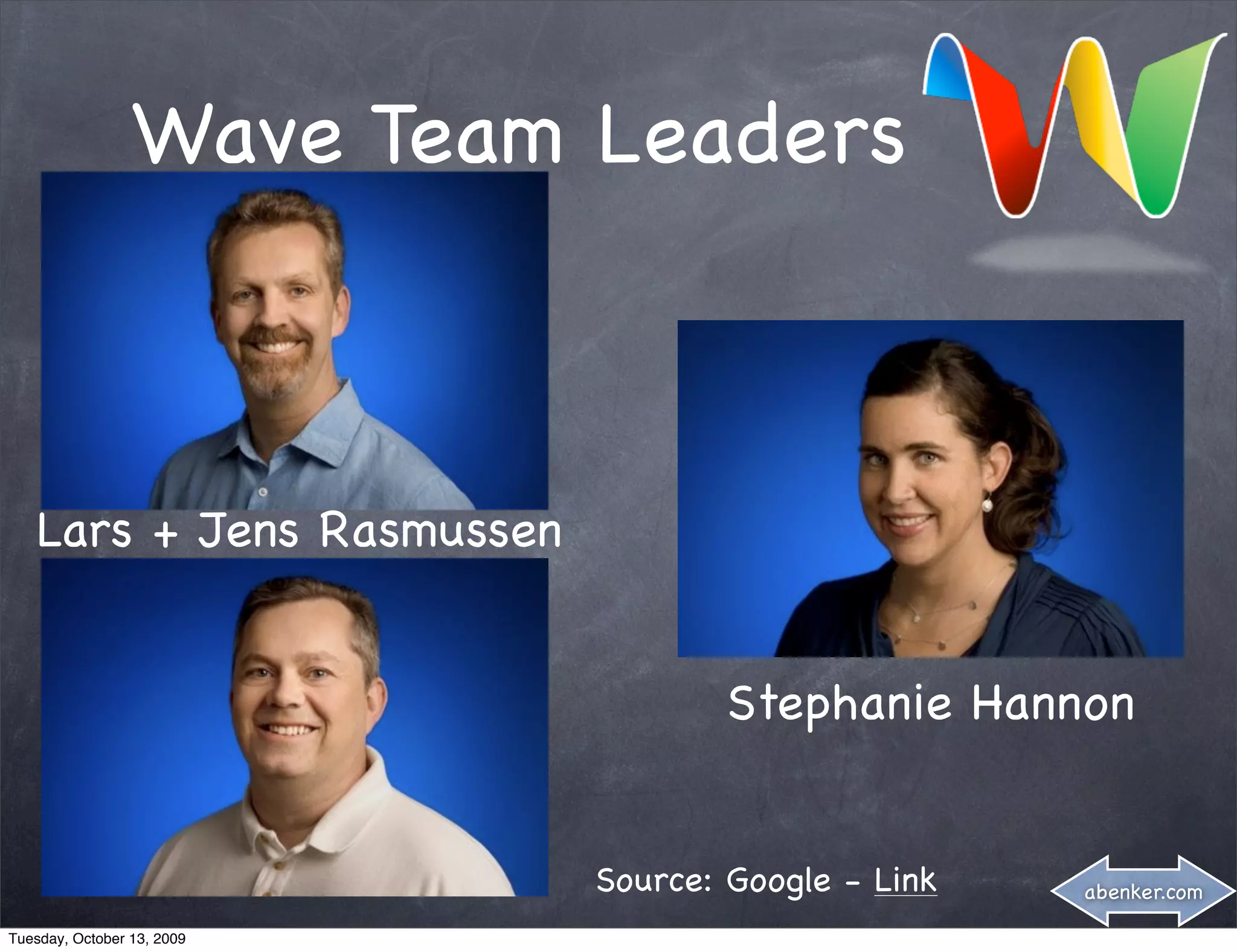 Wave Team Leaders



   Lars + Jens Rasmussen


                                    Stephanie Hannon


                            Source: Google - Link   abenker.com

Tuesday, October 13, 2009
 