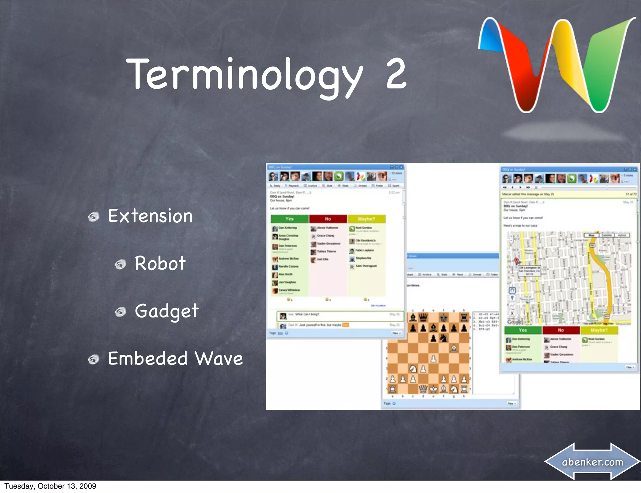 Terminology 2

                            Extension

                              Robot

                              Gadget

                            Embeded Wave




                                             abenker.com

Tuesday, October 13, 2009
 