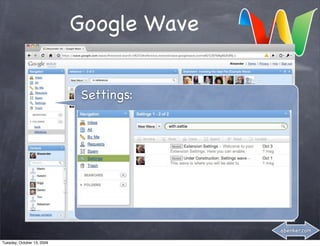 Google Wave


                            Settings:




                                          abenker.com

Tuesday, October 13, 2009
 