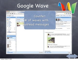 Google Wave
                                    Counter:
                              # of waves with
                              unread messages




                                                abenker.com

Tuesday, October 13, 2009
 