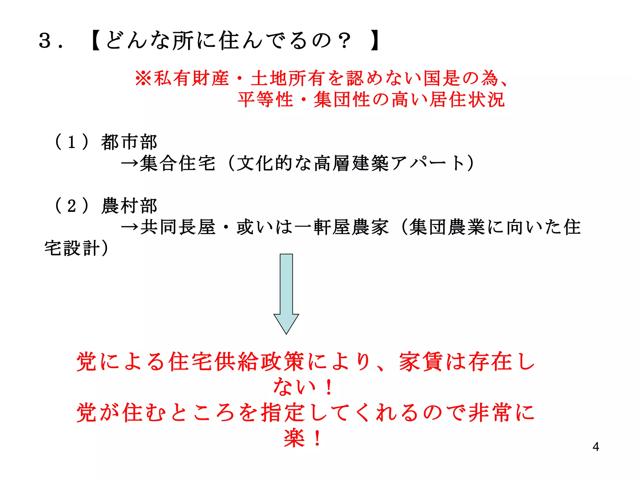 ３．【どんな所に住んでるの？   】 　　　　　　　　　　　　 　　  ※私有財産・土地所有を認めない国是の為、 　　　  平等性・集団性の高い居住状況 （ 1 ）都市部 　　　　->集合住宅（文化的な高層建築アパート） （ 2 ）農村部 　　　　->共同長屋・或いは一軒屋農家（集団農業に向いた住宅設計） 党による住宅供給政策により、家賃は存在しない！ 党が住むところを指定してくれるので非常に楽！ 