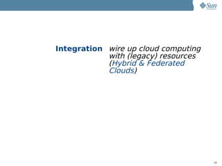 Integration wire up cloud computing
            with (legacy) resources
            (Hybrid & Federated
            Clouds)




                                      18
 