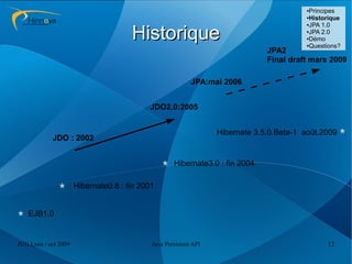 ●Principes
                                                                                         ●Historique
                                                                                         ●JPA 1.0



                                      Historique                                         ●JPA 2.0

                                                                                         ●Démo

                                                                                         ●Questions?

                                                                               JPA2
                                                                               Final draft mars 2009

                                                           JPA:mai 2006


                                           JDO2.0:2005


                                                                  Hibernate 3.5.0.Beta-1 août.2009
            JDO : 2002


                                                    Hibernate3.0 : fin 2004

                      Hibernate0.8 : fin 2001


   EJB1.0


JUG Lyon / oct 2009                         Java Persistent API                                12
 