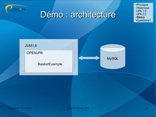 ●Principes
                                                                    ●Historique
                                                                    ●JPA 1.0



                       Démo : architecture                          ●JPA 2.0

                                                                    ●Démo

                                                                    ●Questions?




             JVM1.6

               OPENJPA
                                                            MySQL
                      BasketExample




JUG Lyon / oct 2009                   Java Persistent API                 32
 